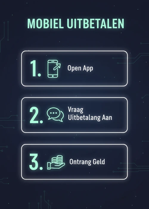 Mobiel uitbetalen in drie stappen: open app, vraag uitbetaling aan en ontvang geld voor een snelle uitbetaling.