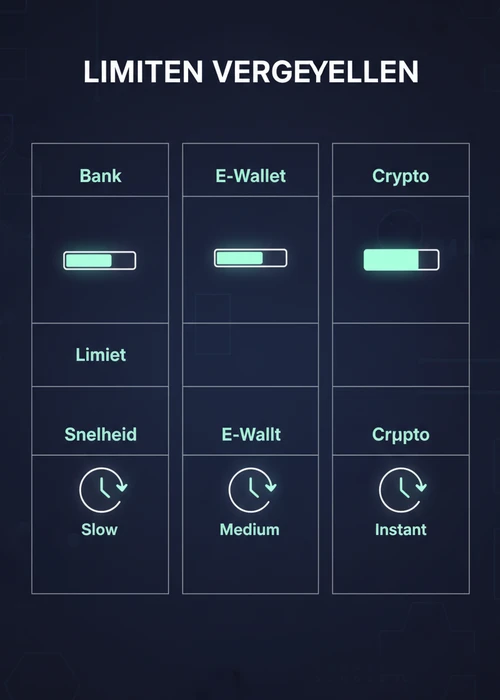 Limieten vergeleken voor snelle uitbetaling: bank, e-wallet en crypto op limiet en snelheid in een tabel.